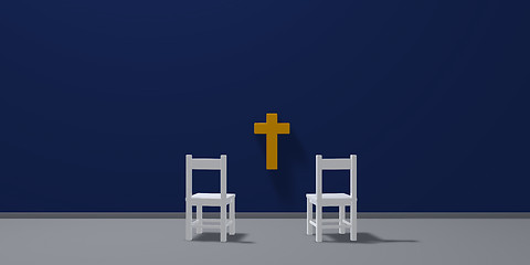 Image showing two chairs and christian cross - 3d rendering