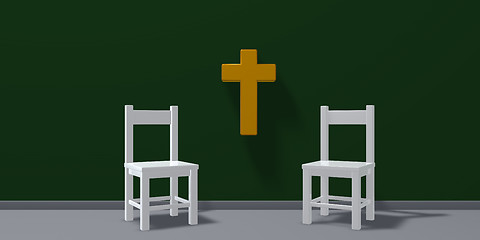 Image showing two chairs and christian cross - 3d rendering