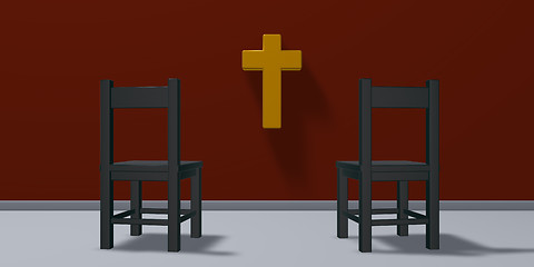 Image showing two chairs and christian cross - 3d rendering