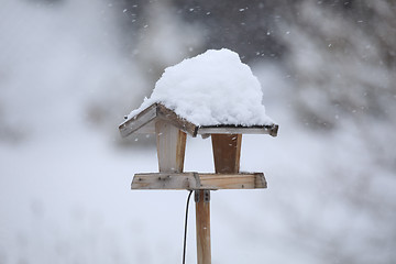 Image showing simple bird feeder in winter garden