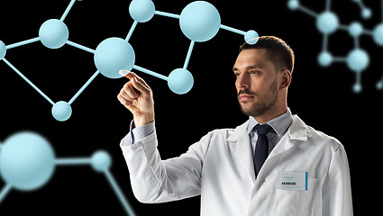 Image showing doctor or scientist in white coat with molecules