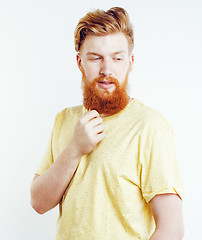 Image showing portrait of young bearded hipster guy smiling on white background close up isolated, lifestyle real modern people concept