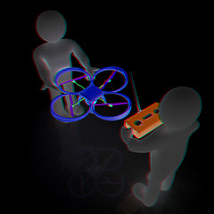 Image showing 3d man with drone, quadrocopter, with photo camera. 3d render. 3