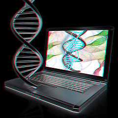 Image showing Laptop with dna medical model background on laptop screen. 3d il