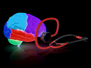 Image showing stethoscope and brain. 3d illustration. Anaglyph. View with red/