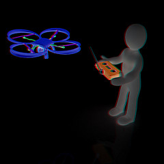 Image showing 3d man with drone, quadrocopter, with photo camera. 3d render. 3