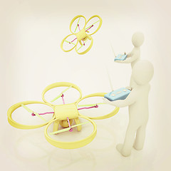 Image showing 3d man with drone, quadrocopter, with photo camera. 3d render. 3