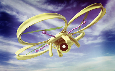 Image showing Drone, quadrocopter, with photo camera against the sky. 3D illus