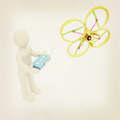 Image showing 3d man with drone, quadrocopter, with photo camera. 3d render. 3