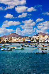 Image showing Small fishing boats in the lagoon in the capital Arrecife in Lan