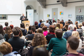 Image showing Public speaker giving talk at Business Event.