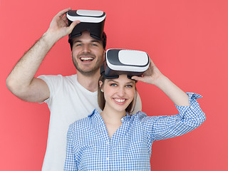 Image showing happy couple using VR-headset glasses of virtual reality