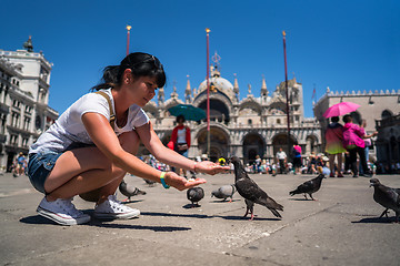 Image showing Woman tourist feeding pigeons in the square - St. Marks Square -