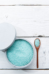 Image showing Blue bath salt on table