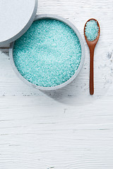 Image showing Blue bath salt for spa