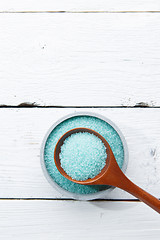 Image showing Blue salt in wooden spoon