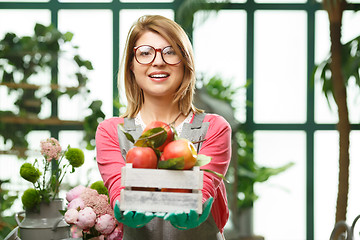 Image showing Girl with apples in store