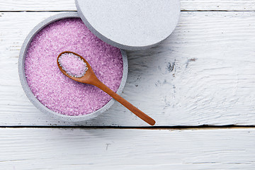 Image showing Pink salt on white table