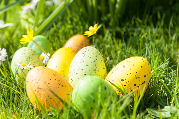 Image showing colored Easter eggs hidden in flowers and grass