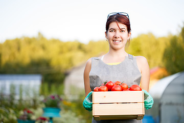 Image showing Girl holding box with tomatoes