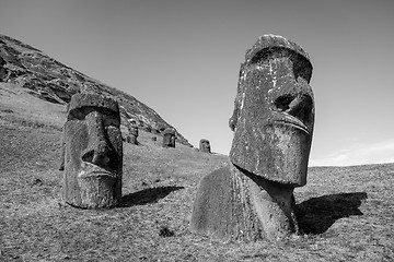 Image showing Moais statues on Rano Raraku volcano, easter island. Black and w
