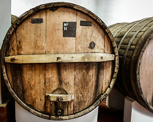 Image showing wood wine barrels in a winery