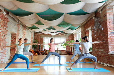 Image showing group of people doing yoga warrior pose at studio