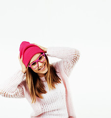 Image showing young pretty stylish brunette hipster girl posing emotional isolated on white background happy smiling cool smile, lifestyle people concept 