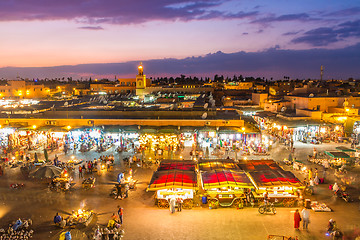 Image showing Jamaa el Fna market square in sunset, Marrakesh, Morocco, north Africa.