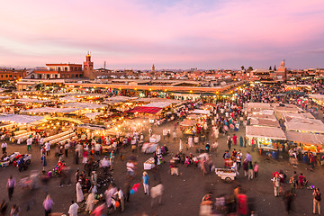 Image showing Jamaa el Fna market square in sunset, Marrakesh, Morocco, north Africa.