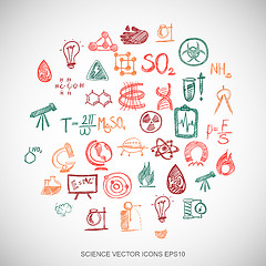 Image showing Multicolor doodles Hand Drawn Science Icons set on White. EPS10 vector illustration.