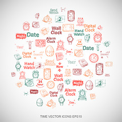 Image showing Multicolor doodles Hand Drawing Time Icons set on White. EPS10 vector illustration.