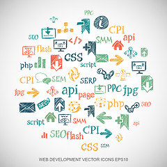 Image showing Multicolor doodles Hand Drawn Site Development Icons set on White. EPS10 vector illustration.