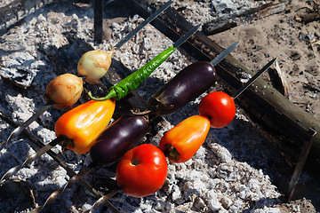 Image showing Vegetable shish kebab with tomato, paprika, onion, eggplant and 