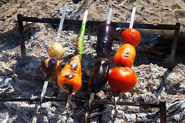 Image showing Grilled vegetable shish kebab with tomato, paprika, onion, eggpl