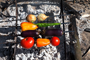 Image showing Vegetable shish kebab with tomato, paprika, onion, eggplant and 