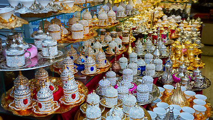 Image showing Traditional Turkish coffee sets with metal carving