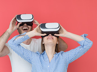 Image showing happy couple using VR-headset glasses of virtual reality