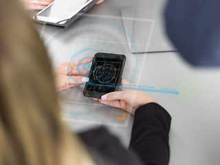 Image showing Elegant Woman Using Mobile Phone in office building