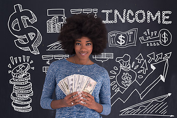 Image showing black woman holding money on gray background