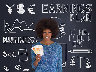 Image showing black woman holding money on gray background