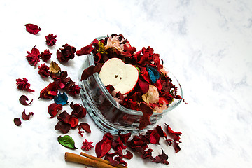 Image showing Close up on dried leaves and rose