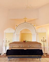 Image showing coffin at funeral in christian orthodox church