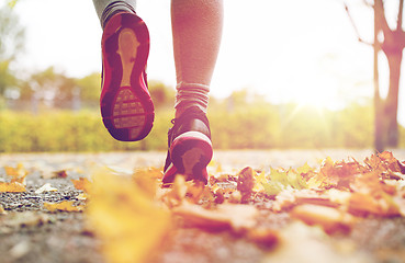Image showing close up of young woman running in autumn park