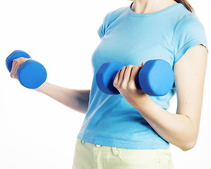 Image showing young pretty brunette woman with blue dumbbell isolated cheerful smiling, part of body, diet people concept on white background