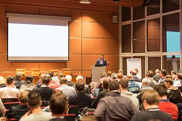 Image showing Business speaker giving a talk at business conference event.