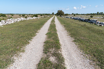 Image showing Straight country road surrounded with stone walls