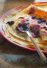 Image showing Wheat pancakes with  cranberries jam