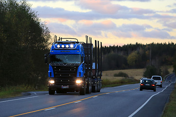 Image showing Blue Scania Logging Truck at Dusktime