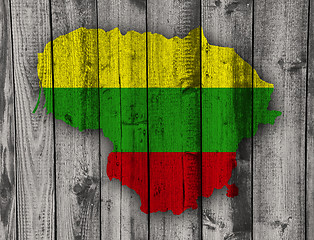 Image showing Map and flag of Lithuania on weathered wood